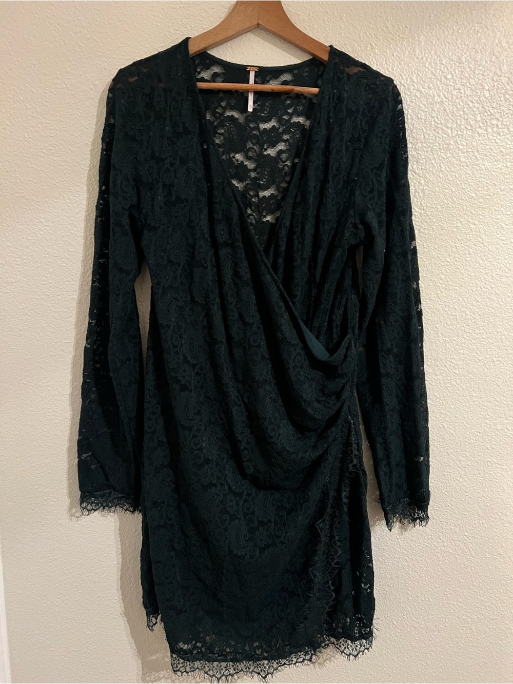Free People Dark Green Lace Long-Sleeve Wrap Dress